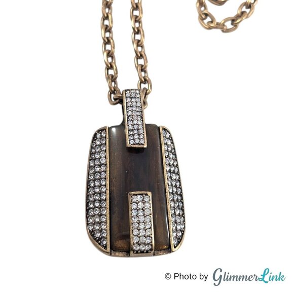 Ann Taylor Bronze Tone Geometric Pave Rhinestone Crystal Pendant Necklace - Picture 6 of 10